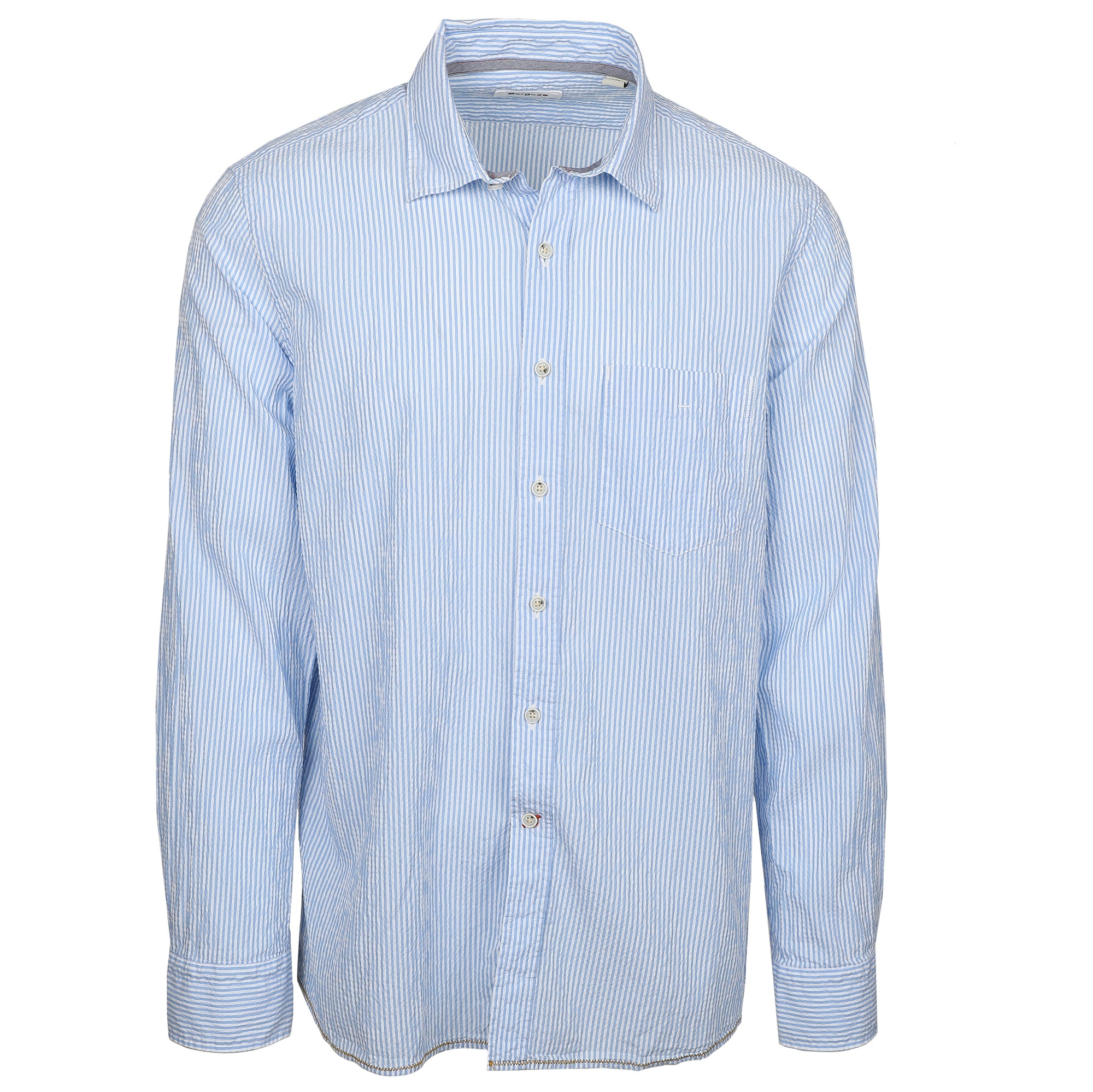 Look oh-so-cool and stay feeling hot with this Maratea Blue Seersucker Garment Dyed Long Sleeve Shirt. Crafted from lightweight seersucker fabric that's craft fully dyed for a unique look, you'll be ready for warm weather, whatever the season. Pucker up for a style that'll have onlookers in awe.  100% Cotton • Long Sleeve • Spread Collar • Button Cuff • No Chest Pocket • Machine Wash • Made in Italy 