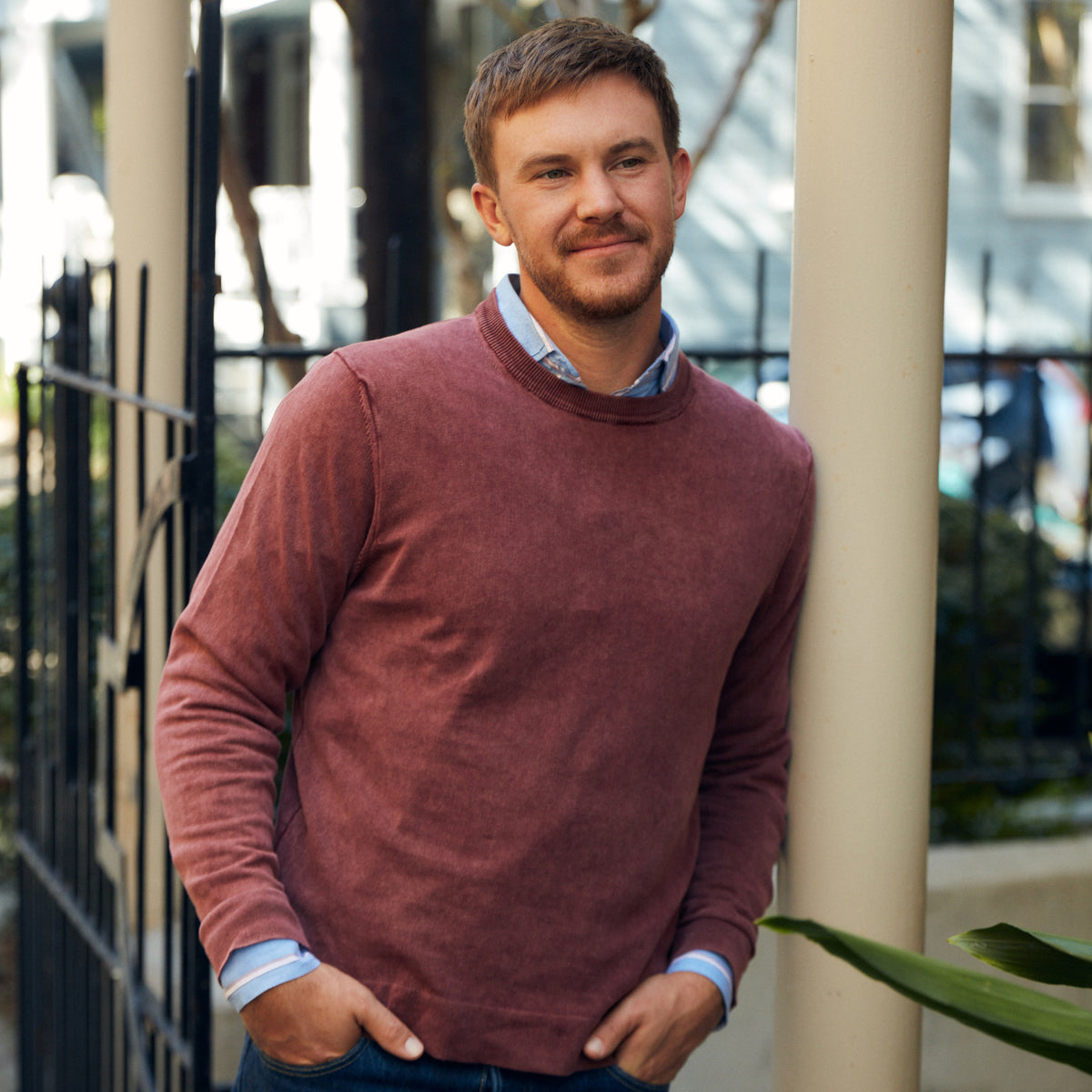 Lightweight, cozy &amp; casual and ready to buy the first round.   100% Cotton • Ribbed Crew Neck • Garment Dyed • Washable • Made in Italy 