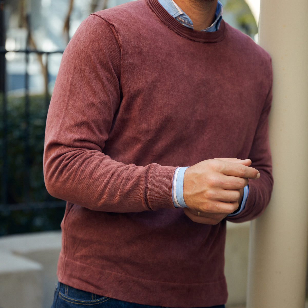 Lightweight, cozy &amp; casual and ready to buy the first round.   100% Cotton • Ribbed Crew Neck • Garment Dyed • Washable • Made in Italy 
