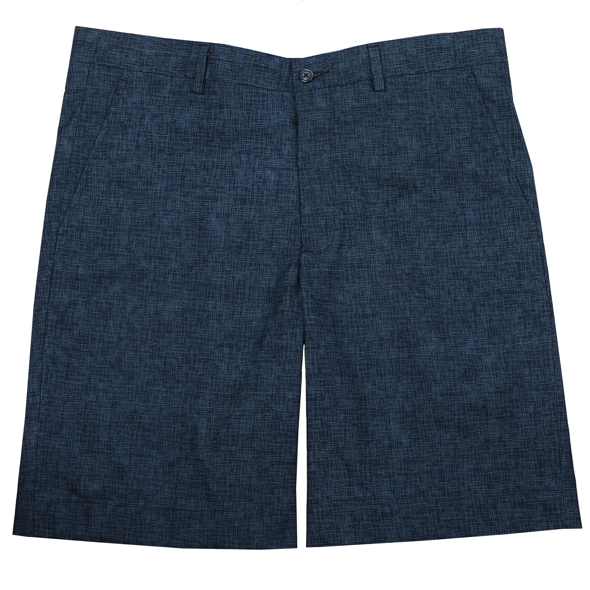 Keep it in neutral with a little intrigue with navy and subtle crosshatch printed on 100% cotton warm weather ready shorts.  100% Cotton • Traditional Fit • Flat Front • Button Through Closure • Two Front Slash Pockets • 9" Inseam • Machine Washable • Imported