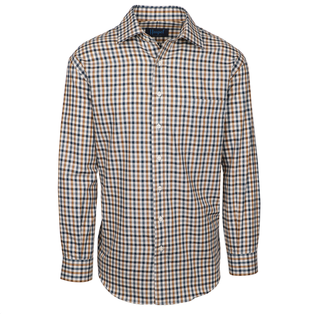 Deep navy &amp; caramel check will keep you looking fresh all season long. Brushed cotton for a supremely soft, lightweight feel.  100% Cotton • Long Sleeve • Spread Collar • Chest Pocket • Classic Fit 