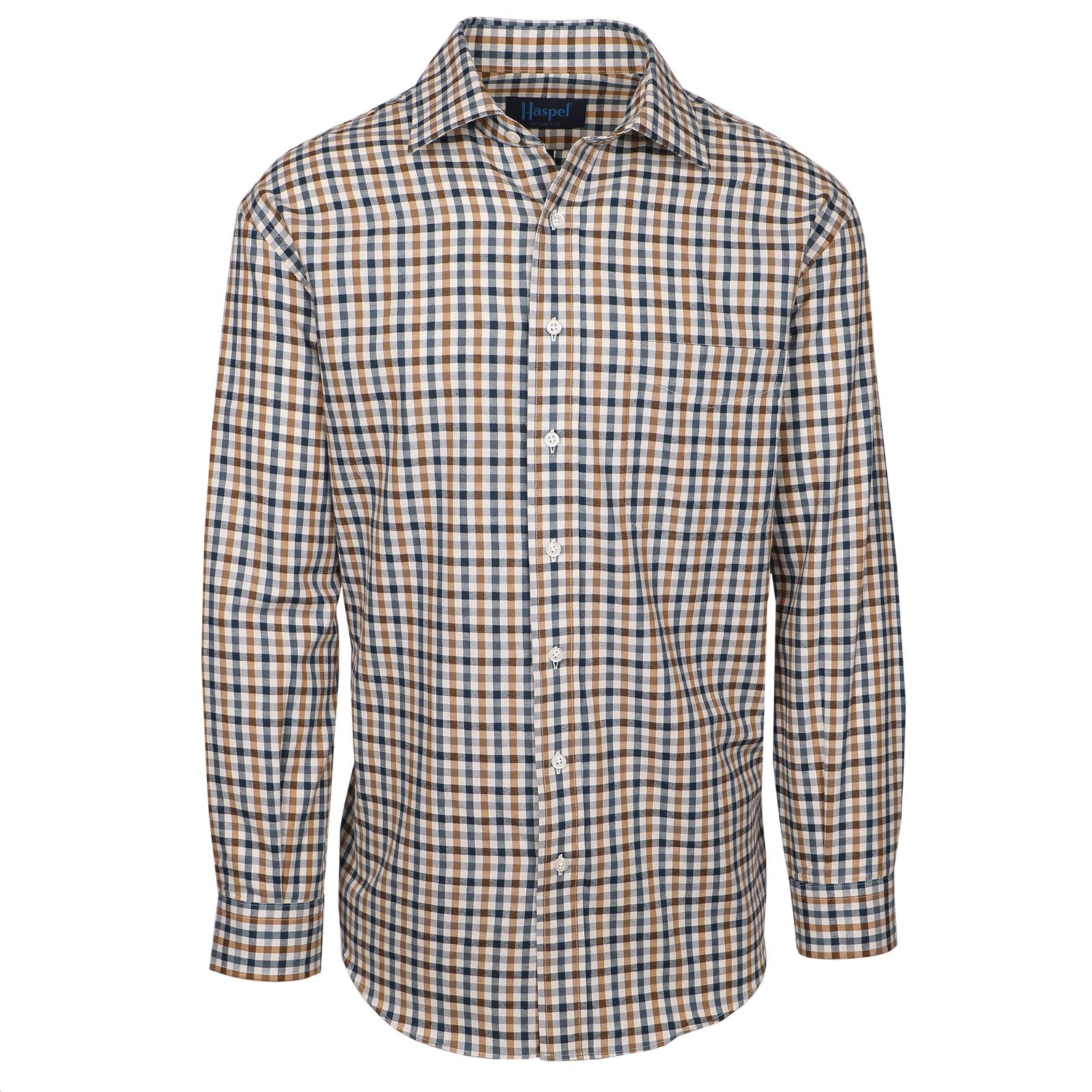 Deep navy & caramel check will keep you looking fresh all season long. Brushed cotton for a supremely soft, lightweight feel.  100% Cotton • Long Sleeve • Spread Collar • Chest Pocket • Classic Fit 