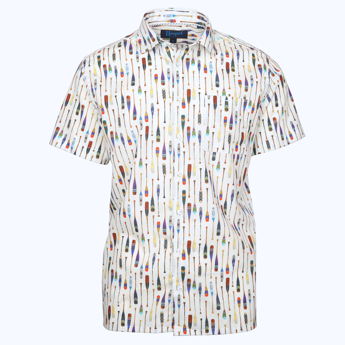 A camp shirt to end all camp shirts. Colorful paddle pattern, ready for races or relaxing. Your call.  100% Cotton  •  Short Sleeve Camp Shirt  •  Soft Collar  •  French Plackett  •  Square Bottom  •  Chest Pocket  •  Machine Wash  •  Made in Italy