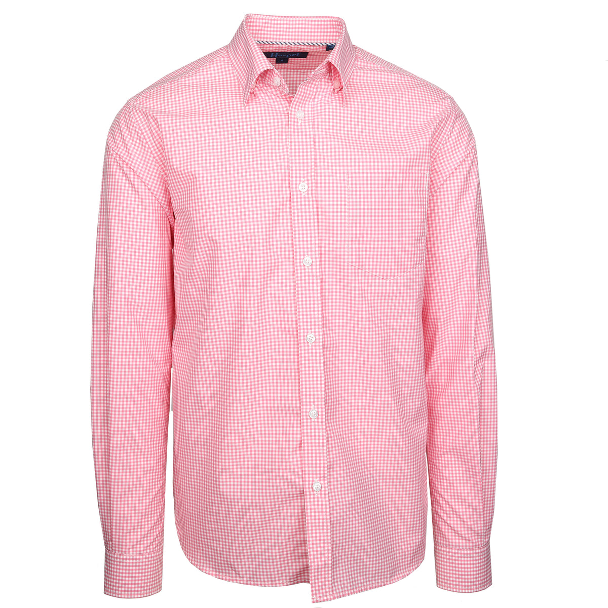 Pink gingham and the luxury of 100% Italian made cotton canvas is the look that checks all the boxes.  100% Cotton • Hidden Button Collar • Long Sleeve • Chest Pocket • Machine Washable • Made in Italy