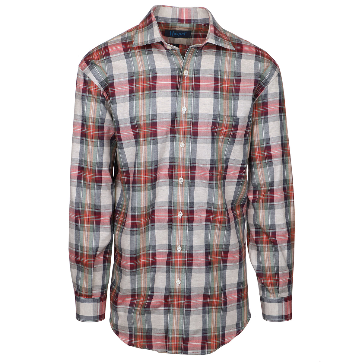 Classic plaid on soft brushed cotton. The lightweight look of the season.  100% Cotton • Long Sleeve • Spread Collar • Chest Pocket • Classic Fit 