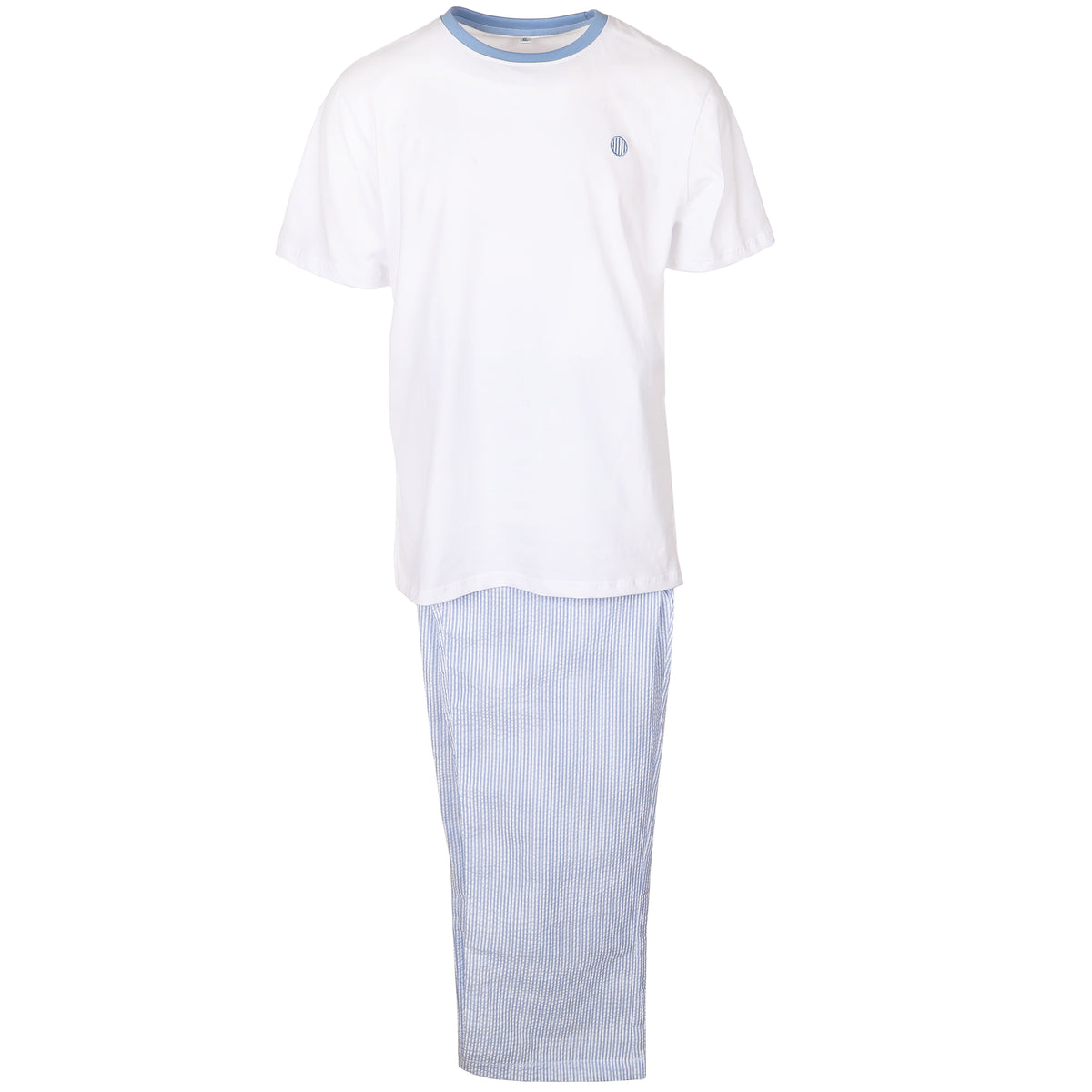 Lightweight seersucker pants plus the comfort of the softest tee. Made from 100% cotton, this Pajama set will breathe and keep you cool and comfortable. Seersucker while you saw some logs.  Unlined  •  Machine Washable  •  100% Cotton Seersucker  •  Two Pockets  •  Elastic Tie Waist  •  Imported