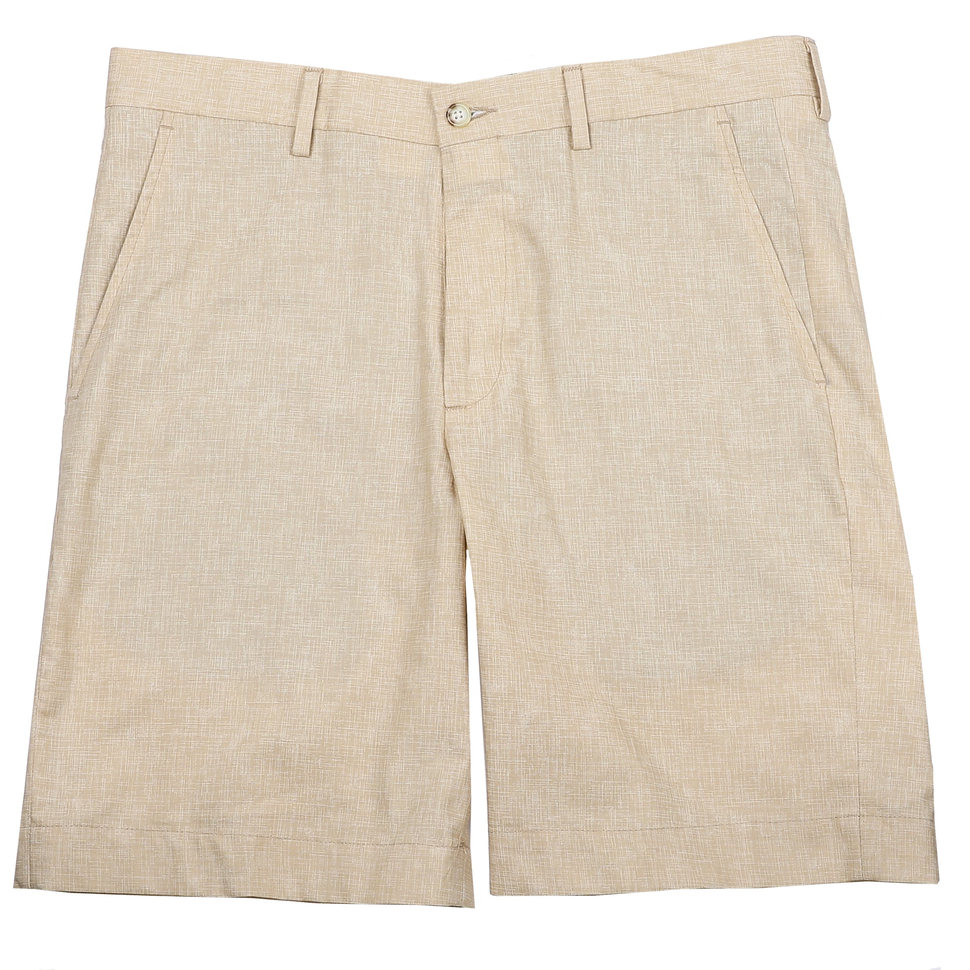 Keep it in neutral with a little intrigue with tan and subtle crosshatch printed on 100% cotton warm weather ready shorts.  100% Cotton • Traditional Fit • Flat Front • Button Through Closure • Two Front Slash Pockets • 9" Inseam • Machine Washable • Imported