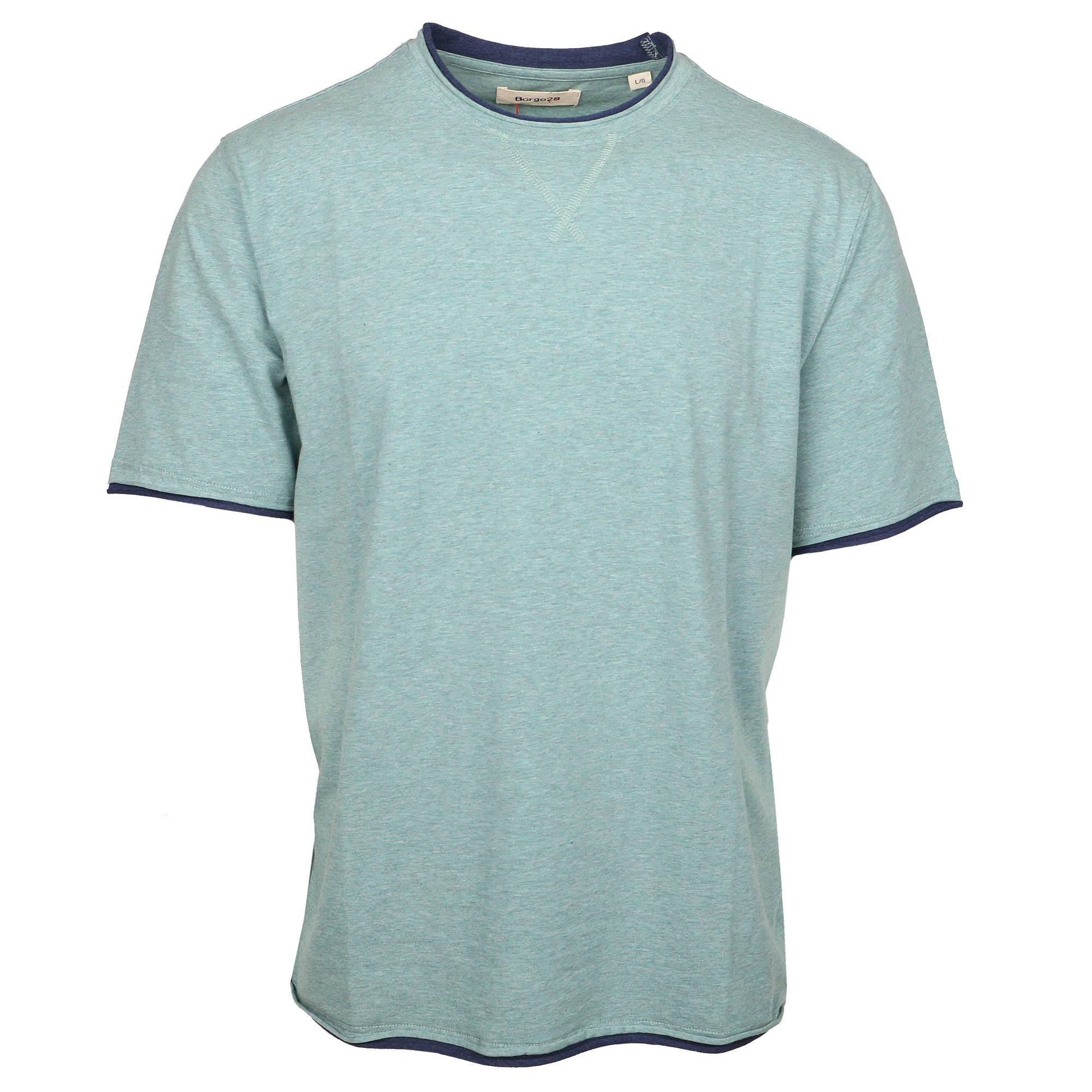 Step out into the warm weather in confidence with the Pompeii Melange Contrast Crew T-Shirt. Crafted from 100% cotton, this agave green t-shirt stands out with a bold navy contrast. Take on the summer with a daring fashion statement and make a statement wherever you go.   100% Luxe Cotton • Relaxed Fit • Contrast Edging • Machine Washable • Imported