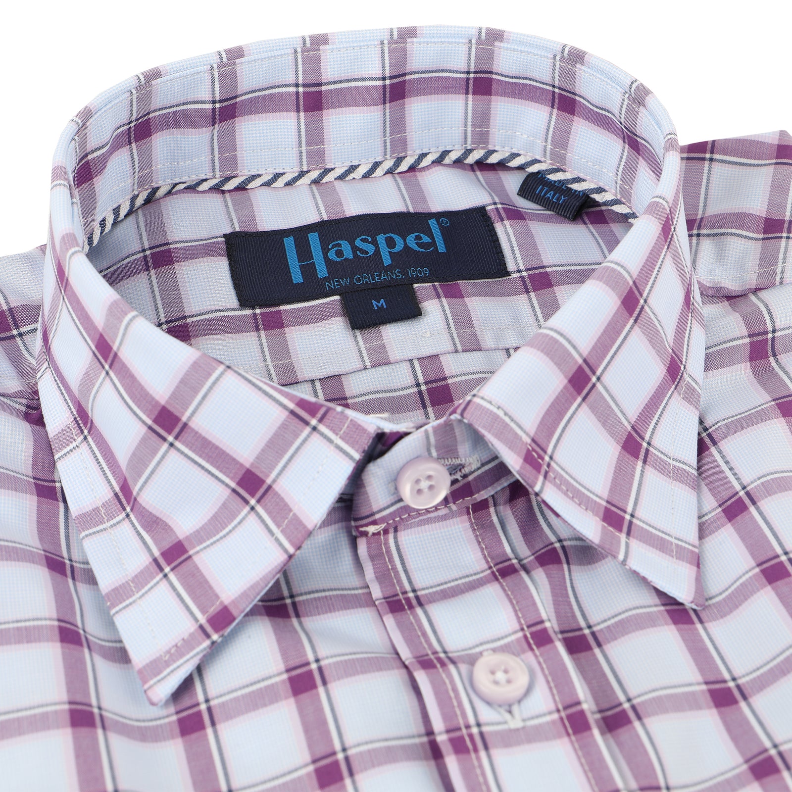 Bold lavender check and the luxury of 100% Italian made cotton is the look that checks all the boxes.  100% Cotton • Hidden Button Collar • Long Sleeve • Chest Pocket • Machine Washable • Made in Italy