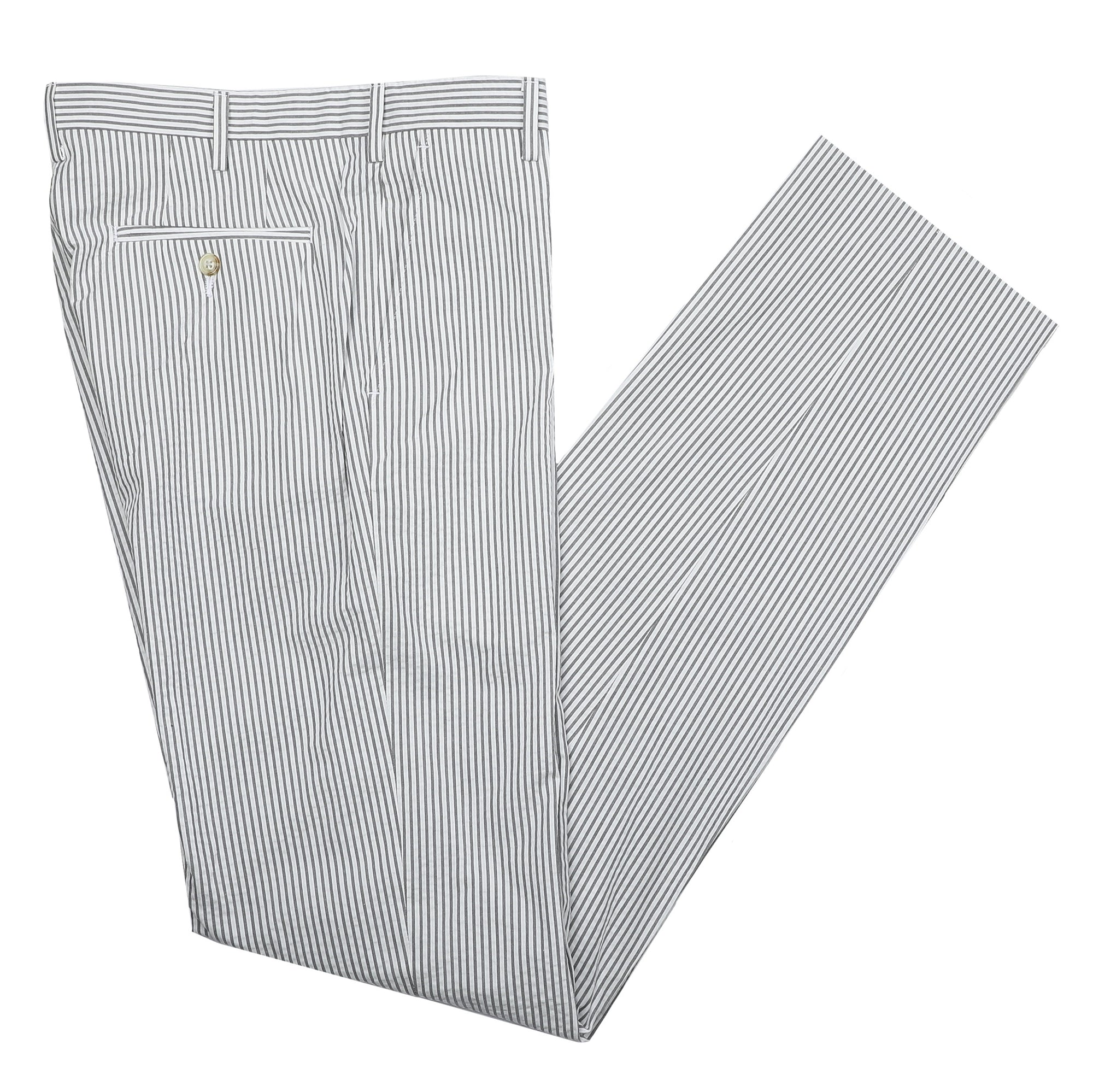 Experience the breezy, classic charm of our Algiers Gray / White Seersucker Pant. These stunning New Orleans-inspired trousers are perfect for your next summer outing. Cut from lightweight seersucker fabric, they combine timeless Tan and White stripes with a relaxed fit for unbeatable comfort and style. Try them this season for a look that radiates effortless elegance!  100% Cotton Seersucker • Algiers Fit • Flat Front • Tab Button Closure • Unfinished Bottom (37.5") • Dry Clean • Imported