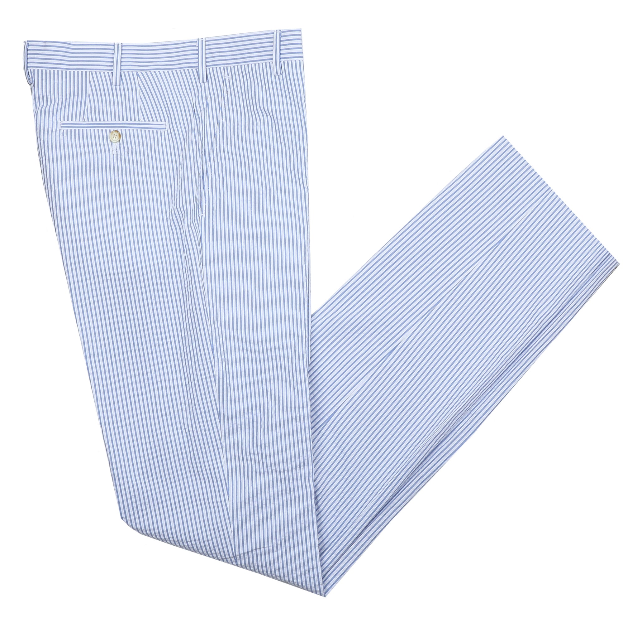 Experience the breezy, classic charm of our Algiers Lt. Blue / White Seersucker Pant. These stunning New Orleans-inspired trousers are perfect for your next summer outing. Cut from lightweight seersucker fabric, they combine timeless Tan and White stripes with a relaxed fit for unbeatable comfort and style. Try them this season for a look that radiates effortless elegance!  100% Cotton Seersucker • Algiers Fit • Flat Front • Tab Button Closure • Unfinished Bottom (37.5") • Dry Clean • Imported