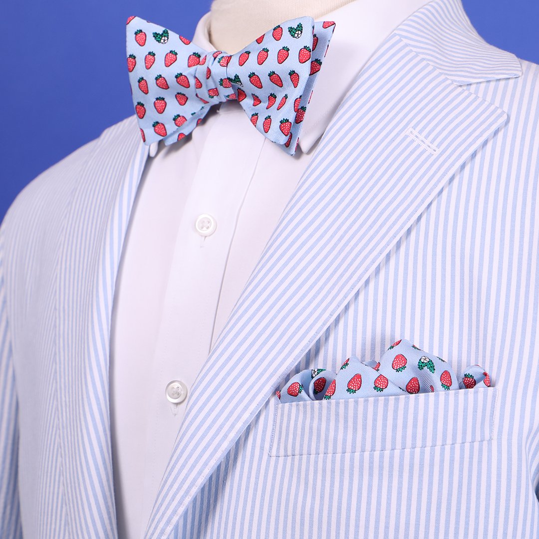 Limited Edition NOLA Couture X Haspel Lt. Blue Strawberry Print Bow Tie - O/S